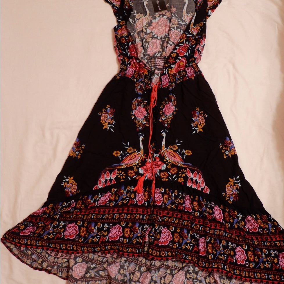 Black Maxi Dress With Colorful Peacock & Floral Print